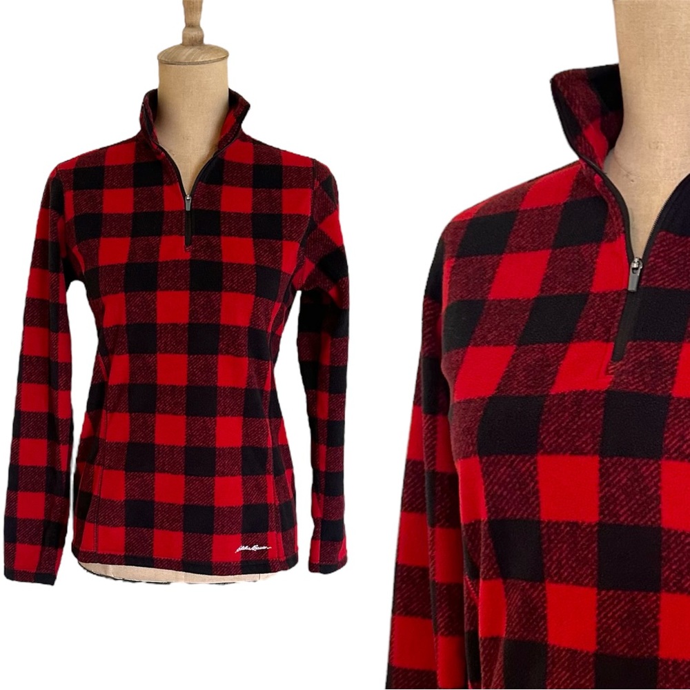 Eddie Bauer Red Black Buffalo Check Plaid Quarter Zip Pullover Sweater